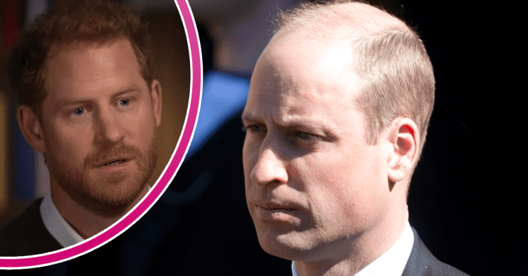 Prince Harry in a bubble being interviewed and William looking sombre